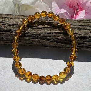 6 mm  Flower Amber ( Natural ) Bracelet